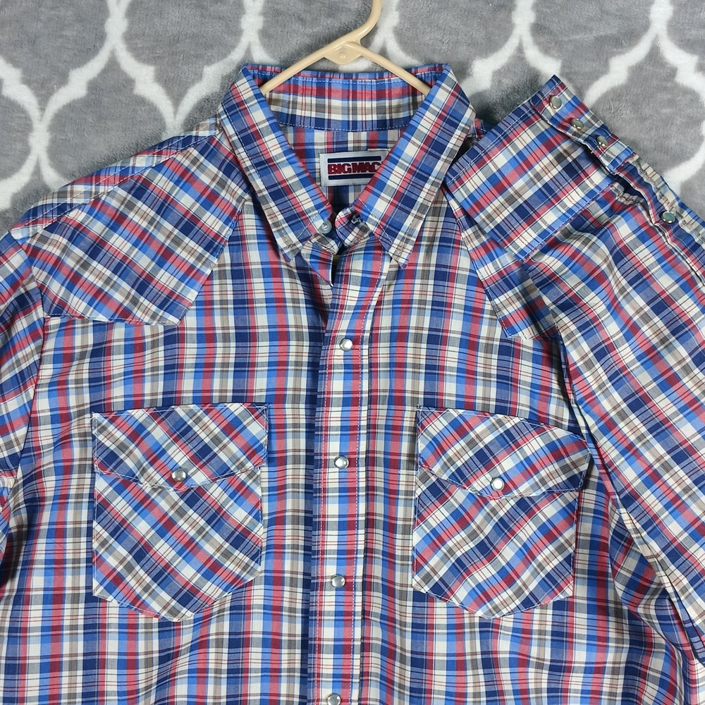 Big Mac Shirt Mens XLT Blue Red Plaid Pearl Snap Long Sleeve Workwear VTG USA